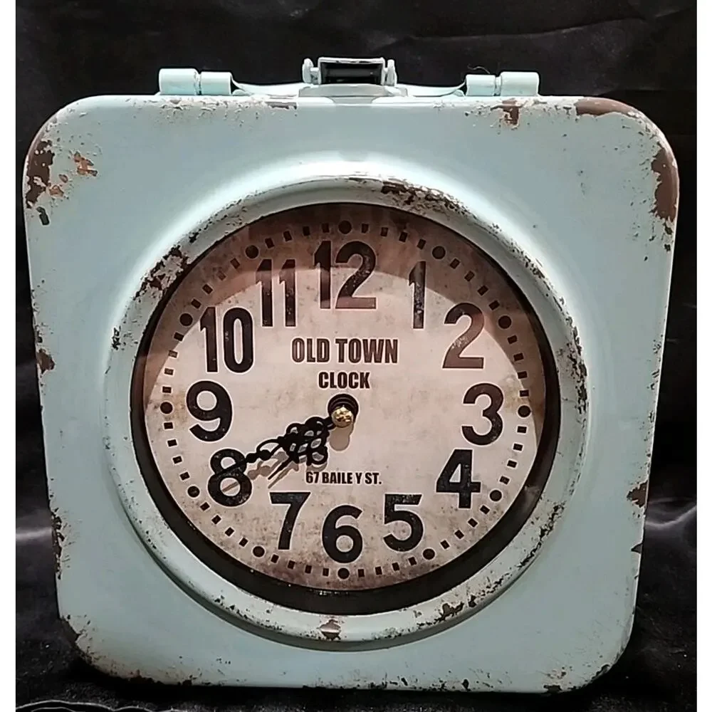Old Town Clock 67 Baily St Shabby Blue Metal 2 Sided Distressed Battery Operated
